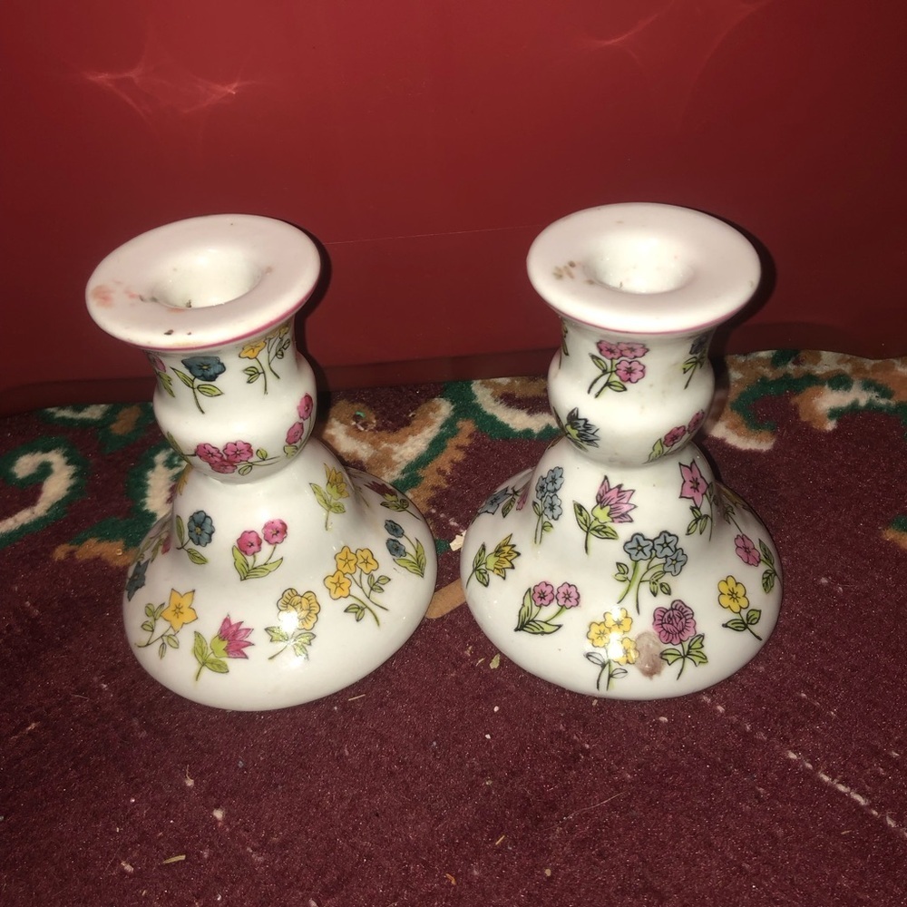 Vintage White Floral Accented Candle Holders. Table candles, home decor, used